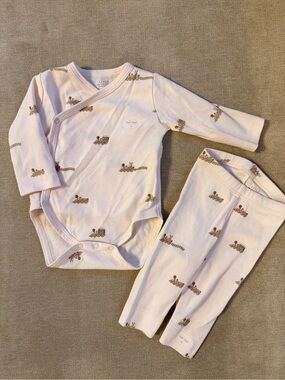 100% Pima Cotton Train Print Kimono Bodysuit & Pants Set - Pale Pink
